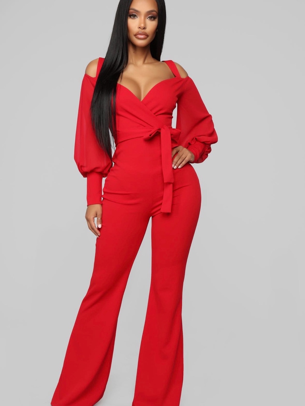 Fashion Nova Falling For Your Charm Red Off-Shoulder Wrap and Jumpsuit